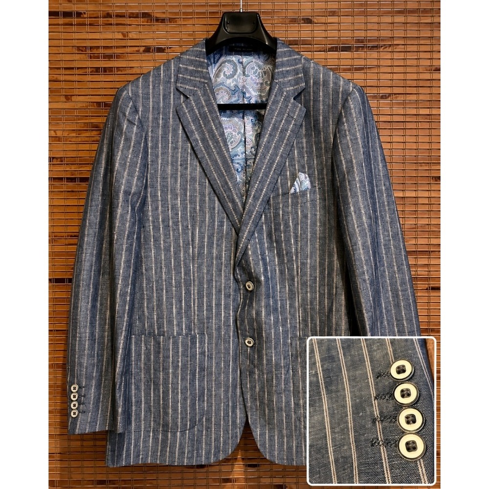 Alan Flusser Mens Blue Unstructured Striped Linen Paisley Lining Blazer 44R‎
